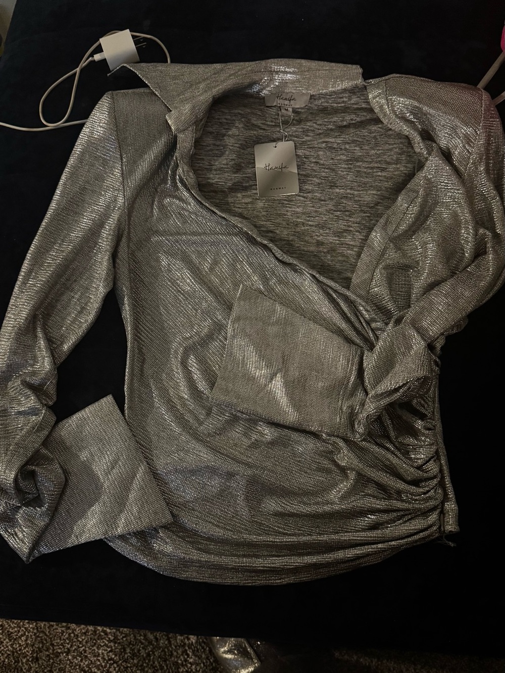 Hanifa Silver Metallic Wrap-Style Dress Shirt